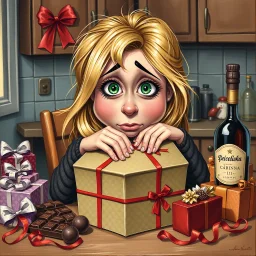 acrylic glossy, Christmas themed, whimsical cute caricature of an tired dark-blonde green eyes woman with messy long hair. she's wrapping a box with Christmas wrapping paper at the kitchen table. head resting on box. around her chocolate boxes, chocolate bar, chocolate balls, brandy bottle with precize text:"pálinka" and presents piled up. ribbons, and wrapping paper on table. funny detailed, stunning illustration