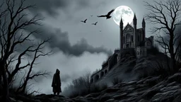 detailed graphic art, ruined gothic castle standing on a hill on the right side of the composition, one moon on the night sky, a few raven silhouettes flying near the moon, thick mist surrounding the hill, dark forest on the left side with twisted bare trees, a solitary black hooded figure standing at the forest edge looking toward the castle, mysterious atmosphere, ancient forgotten ruins, dark fantasy aesthetic, detailed linework
