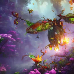 Powerful forest, giant insect, synergy in life, Colective creatures, wonderful flying organisms, beauty as flower, colorful and detailed creatures, multiple species, detailed painting, splash screen, multiple complementary colors, fantasy art, fantastical and realistic landscape, intricate detail, 8k resolution trending on Artstation Unreal Engine 5