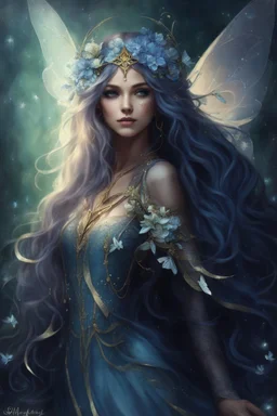 Midnight blue,Dark blue hair,night,dark fairy princess ,elven crown,elven ears,sparkle,glitter,lillies of the valley,gold armor,dragonflies,rapunzel hair,hydrangea