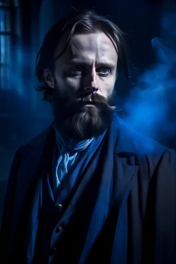 young ghostly man, pointy ears, fat, well-dressed in black and dark blue clerical torn and tattered clothing, long hair, scruffy beard, brown hair, very ghostly blue almost see through. Tint this entire picture blue and transparent, able to see the background through the man.