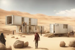 Can you please come up with a design concept for a refugee camp that houses displaces Palestinians that is Meaningful, resilient, self sufficient, safe and takes into consideration Palestinians culture and religious beliefs in the dessert using shipping containers as a base for the buildings