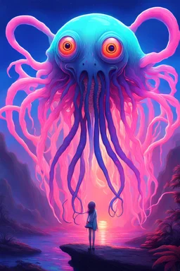 DALL-E 3 P: P: A stunning oil painting in anime style depicting a scary yet colorful creature with translucent, luminous qualities like a jellyfish. The creature has many detailed, iridescent eyes, multiple arms, and large ears. This creature is set against the backdrop of an incredible alien paradise planet at sunset, with vibrant colors and exaggerated perspective. The masterpiece showcases mother of pearl iridescence and holographic whites, creating a terrifying and horror-like atmosphere. Th