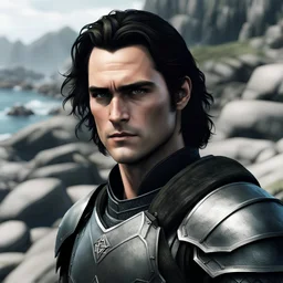 A portrait of Joaquin Phoenix in his early 30s, long beachy haircut, black hair, on a rocky island, in ebony armor from Skyrim, melancholic and dangerous facial expression, half-smiling, in the style of manga