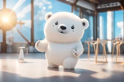 cute fluffy chibi ice bear on an exhibition room with stands in sunshine