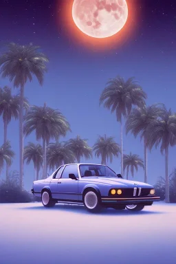 1980's aesthetic vaporwave palm trees with lighting with moon with bmw in the winter snow