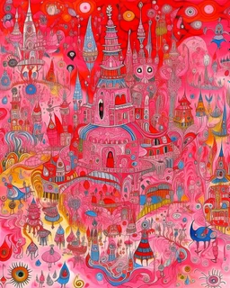 A pink tiny cybernetic fairy kingdom designed in Kuna Molas painted by Edvard Munch