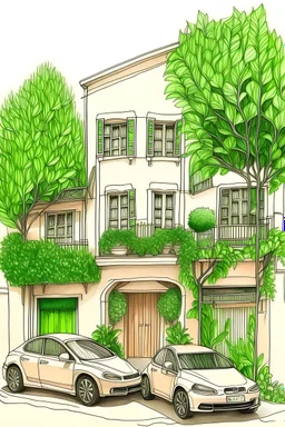 Draw a house with beautiful car way and greenery in it