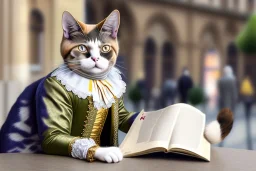 Mature cats dressed like "Wolfgang Amadeus Mozart", paws, playing music, street, Vienna, friendly, sunny day, model style, hyper realistic, extremely accurate, delicate, extremely detailed, Graphic novel style, wide-angle, open aperture, superfine pencil