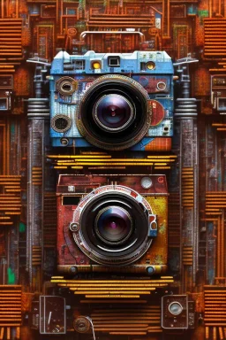 futuristic pinhole camera in Kente, rusted clocks lens, cinematic, scaffolding, cyberpunk, 8k quality