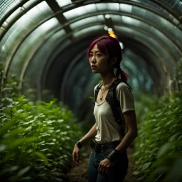 Unground solar punk tunnels, cinematic, dof background anamorphic, dystopian, sci-fi, award winning, Yui in a garden