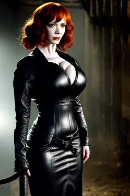 Christina Hendricks dressed in black leather gown, with a whip in her hand, inside a dungeon, busty, cleavage, angry, stern look, volumetric lighting, particales,highly detailed,cinematic, deep colours,8