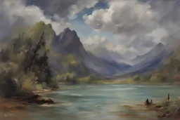 clouds, lagoon, mountains, sci-fi, fantasy, 2000's sci-fi movies influence, lovis corinth impressionism painting