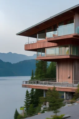 Maison design bois béton avec vue sur lac dans montagnes. Lumière soleil couchant