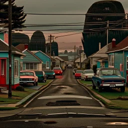 a glimpse of the suburban street, everything is odd, the landscape seems to be made of felt, pastel colours, some people and cars, oz style, but rather eerie, sinister