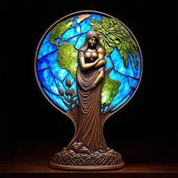 🔥 PROMPT: A surrealistic art piece featuring Mother Earth cradling Planet Earth in her arms. The sculpture is intricately carved from interlacing wood, with stained glass inlays that illuminate the artwork. The filigree design draws inspiration from Irish folk art, blending the styles of James Rizzi, Mary Anning, Rufino Tamayo, and Carl Kleiner. Set against a dark background, the illuminated sculpture installation presents a stunning fusion of nature and art, with detailed craftsmanship and vib