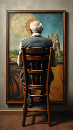 Bosch painting style a rear of 3D view of an old man sitting on a high chair facing a a surrealism picture of silva for Dali time in a frame on the wall , show from the back of the picture