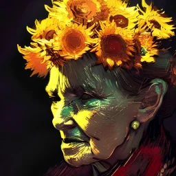  yaşlı bir kadının portresi, çiçekler, dramatik ışıklandırma, Van Gogh tarzı, Greg Rutkowski tarzı, Yoji Shinkawa tarzı, 4k, dijital sanat, konsept sanat, Artstation'da trendlere girmiş