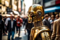 C3PO en mitad del bullicio del centro de una ciudad, primer plano y mirando de perfil, fotografía, disparo realizado con una cámara Leica, objetivo 35 mm, retrato, fondo desenfocado