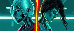 cyberpunk fallout 4, airbrush and pen outline, A cinematic, high-end advertisement image for a fictional service called “Splice Girls Nurses, Rebuilding Bone Structure on Transparent People™”. Split-screen composition with two contrasting emotional states.