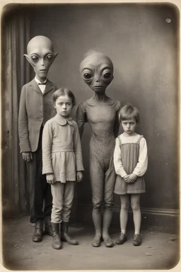 1900's black and white vintage photo, interior, grey alien human hybrid creature with a family that is sad, captured on square format film, grainy, aged