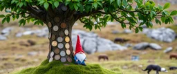 money coin tree in Scotland with a Scottish gnome under.