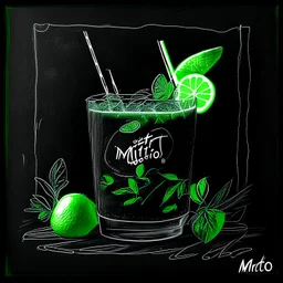 Drawing on a black chalkboard of a mojito cocktail with lime and mint. restaurant vibe. realistic.