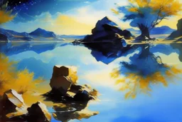 blue exoplanet in the sky, water reflection, rocks, vegetation, lesser ury painting