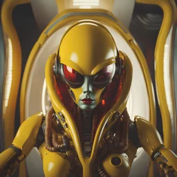 Alien retro computer robot portrait photo, pastel colors, yellow, red, photographed by Daria Endresen, film still from Alejandro Jodorowsky, medium shot fashion, award winning photography, arty pose, fashion, high definition, high resolution, muted colors , volumetric lighting, 8k, 3d render