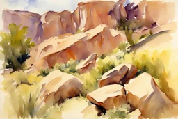 Sunny day, spring, rocks, mountains, epic, john singer sargent watercolor paintings