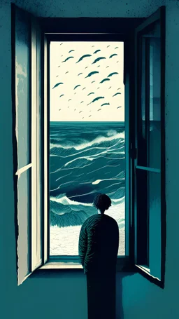A person from the window of his room looks at the sea sadly in Abstract style
