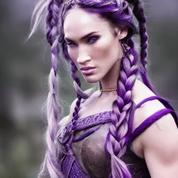 viking queen with purple armor, delicate purple braided hair, white flowing dress, highly detailed, 8k, ambient light, megan fox