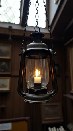 milting candle inside an old lamp hanging in an old museum