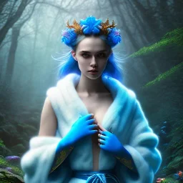 crazy detail, magical forest background, waterfall, blue but cloudy skies,close up of body of cute poet wearing soft robes and blue gloves,dark stone statue, lively eyes,hidden hands, framed by foliage, shiny eyes, holding up scroll