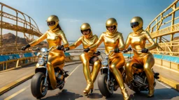 Hyperrealistisch Rollergirls völlig verhüllt von golden glänzendem Ganzkörper-Zentai mit geschlossenem Visier in identischen goldfarbenen, geschlossenen Motorradhelmen fahren auf Rollschuhbahn in Formation eine Kurve entlang