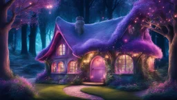 hobbit cottage in the woods surrounded by trees with fairy lights with a whimsical like feel, with pinks, blues, purple colors , illustration