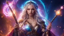 poster, a fantasy girl on a bright background holds a magic staff, with the ERAZE logo