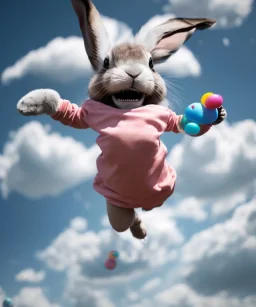 Ultra realistic speed clouds sky scene, wide angle view, child falling down with many Children background, rabbit head, inflatable monsters, circus dress style, feather color, free jumping flying, many trinkets, hair monster, many jelly beans, balls, color smoke, smile, happy, extreme, wind, clouds sea, 20,000 feet altitude, stratosphere, soft color, highly detailed, unreal engine 5, ray tracing, RTX, lumen lighting, ultra detail, volumetric lighting, 3d, finely drawn, high definition.