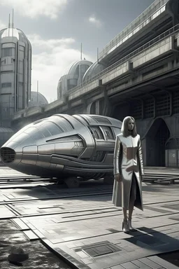 a photorealistic sleek, long, silver spaceship sitting in the street of a dystopian futuristic ruined alien city, with a woman in a silver suit, standing in front