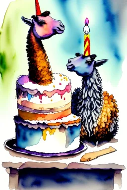 Two lamas are having a birthday cake. Watercolour