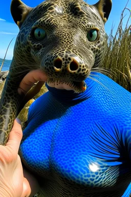 a sea monster with a human head, the body of a moray eel, fins of a fish, swims in the ocean