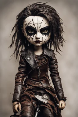 full color, illustration of a dark menacing leather clad motorcycle girl, tall and willowy , as a decayed, broken, crude homemade cloth doll toy, with a cracked porcelain face, thick dark eyebrows, hair made from ragged strips of cloth, in the style of Nadya Sheremet