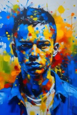 colorful and abstract person portrait. The person is decorated with bright paint splatters in blue, yellow, orange and black. The painting style is abstract and expressionist, integrating the figure with the colorful background. The person's face is intentionally blurred or hidden. Part of a white shirt or jacket appears among the colorful splashes.