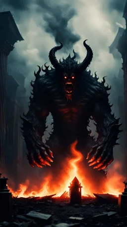 In the fire, against the backdrop of a gloomy sanctuary, an ominous huge monster appears, which looks aggressively into the camera, horror film style