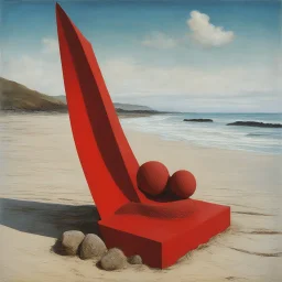 Odd red sculpture, realistic, beach, Max Ernst