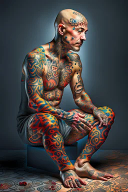 a full body display of a beautiful man with cancer, his skin composed of cancer shaped cells, they cover his entire body like a tattoo, symbolic for wearing his illness on the outside, no hair, in a dramatic pose in a photo studio, he sits with his face slightly hidden as he is shamed, lighting with focus on skin, ultra photo realistic, 32k, highly detailed,. selective colors