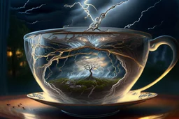 Lightning Storm in a glass tea cup, photorealistic, Dramatic Lighting. Lightning shooting both inside and out of the cup. Otherworldly atmosphere, intricate details, highly detailed, Artgerm elegant extremely detailed fantasy 8k masterpiece fantastic view crisp quality Jacek Yerka Alexander Jansson Kevin Sloan,