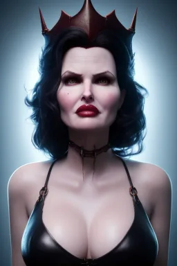 Geena Davis as evil queen in black leather, leather, busty, cleavage, angry, rage, stern look. character design by cory loftis, fenghua zhong, ryohei hase, ismail inceoglu and ruan jia. unreal engine 5, artistic lighting, highly detailed, photorealistic, fantasy