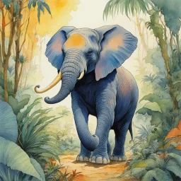 dancing elephant, in the jungle aquarelle by moebius