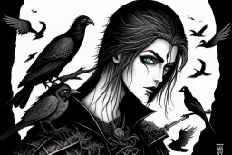 Witcher, playing with crows, black cat, perfect iris, ink and pencil, style Elisabeth Kreitz